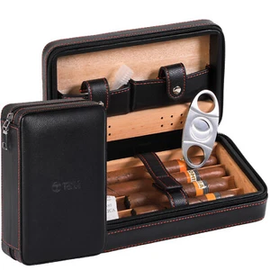 4-Finger Portable Travel Leather Cigar Case, Cigar Cutter,Cigar Humidor  Black - Picture 1 of 8