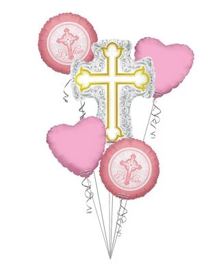 Baby Girl Christening, Baptism Silver & Gold Cross Balloon Bouquet (5 Balloons)  - Image 1 of 4