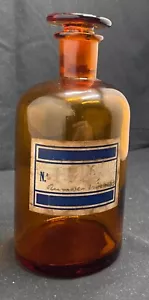 SCHÖNHEIT ANTIKE BERNSTEINGLAS APOTHEKENFLASCHE, mit KAPPE + ETIKETT 7" (H) c1920 v/gut - Bild 1 von 6