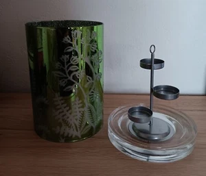 Partylite Windlicht "GARDEN" Silber Zylinder, grünes Metallic-Dekor Botanik LOOK - Bild 1 von 13