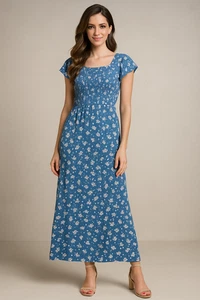 Ali and Jay Dress Womens L Blue Ditzy Floral Smocked Cottagecore Keyhole Back - Picture 1 of 19