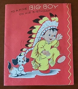 Vintage Amerikanische Grußkarte Geburtstag kleiner Junge Kopf Kleid Federn Hund 50er - Bild 1 von 8