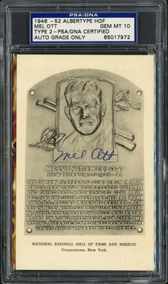 Mel Ott Signed 1946-52 Albertype HOF Plaque Postcard Auto GM 10 PSA/DNA 65017972 - Image 1 of 2