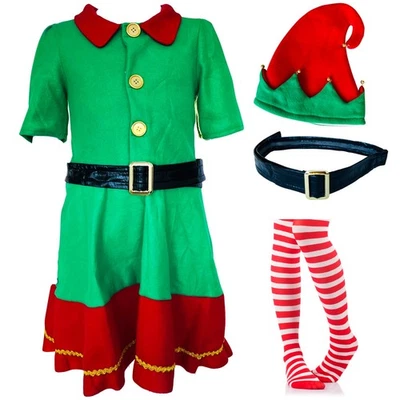 Childrens Kids Girls Elf Santas Helper Fancy Dress Costume & Tights Christmas