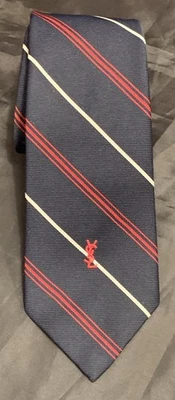 Corbata Yves Saint Laurent Paris Cuello Azul Marino Rojo Gris Rayas Logo Clásico Foto 1 de 4