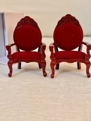 Dollhouse Miniature Vintage Chair Flocking Seat Red Mahogany Chairs Set Of Two - Image 1 of 3