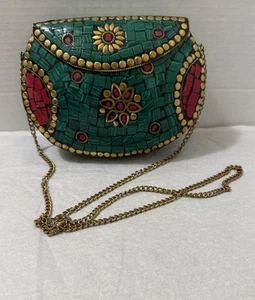 Bandolera Bolso sin asas hecha a mano con carcasa de mosaico rojo turquesa coral latón Western Boho - Imagen 1 de 15