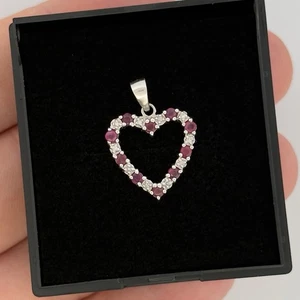 9ct White Gold Ruby & Diamond Cluster Heart Pendant Hallmarked - Picture 1 of 8