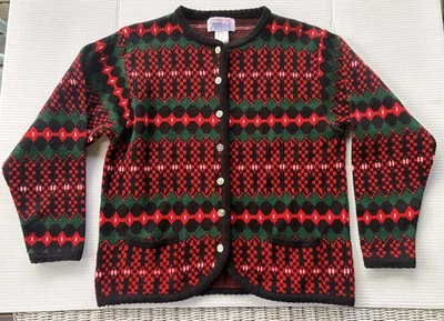 Cárdigan Suéter Grande TALLY-HO Vintage Negro Rojo Verde Alpino Navidad Botón Foto 1 de 4