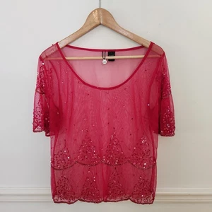 Y2K BKE Boutique Shirt Size Large Womens Pink Sheer Sequin Fairy WhimsiGoth Top - Picture 1 of 14