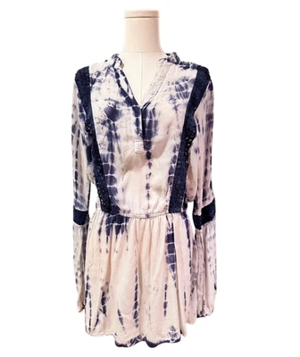 Romeo Juliet Couture White Navy Blue Tie Dye Crochet Mini Dress Medium Cover Up - Image 1 of 4