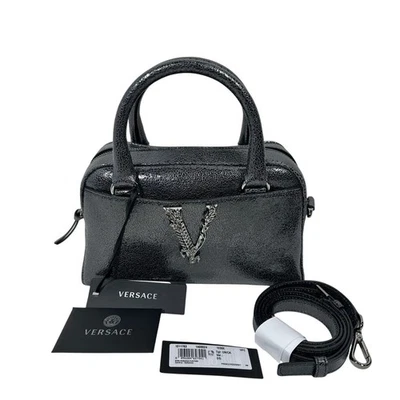 NWT Versace Virtus Black Metallic Textured Leather Top Handle Crossbody Bag - Image 1 of 4