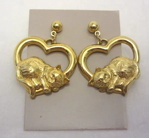 Vintage Avon signierte schlafende Katze Kätzchen mit Herz Ohrhänger goldfarben Ohrringe - Bild 1 von 4