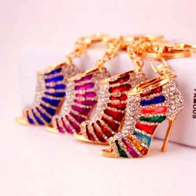 Striped High-heeled Shoes Crystal Rhinestone Keyring Keychain Bag Key Chain Ring - Image 1 of 4