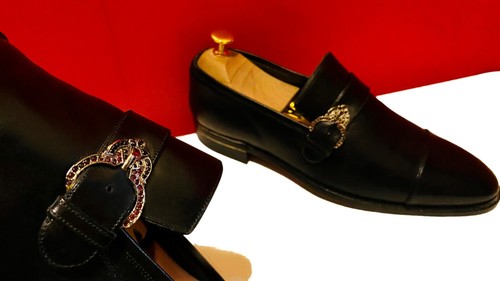 $889 00! VERSACE RARE SCARPE MOCASSINI UOMO RUNWAY PELLE NERA RAINSTONE UK TAGLIA 7