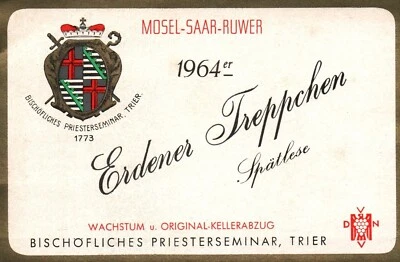 German Wine Label 1960s 1964er Mosel Saar Ruwer Erdener Treppchen Vintage - Image 1 of 2