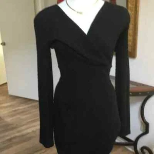 MONACO Pencil Textured Short Dress Asymmetrical Ruched Long Sleeve V-Neck S - Picture 1 of 9
