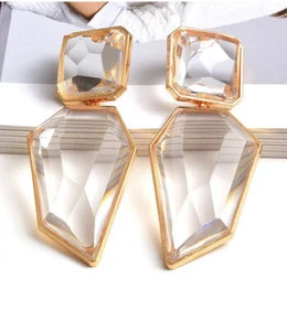 "Pendientes de oro transparente lágrima rectangular cristal blanco boda larga novia 3""" - Imagen 1 de 8
