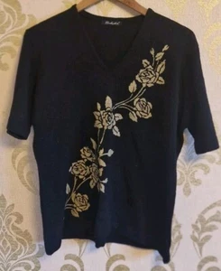 Ladies Black And Gold Glitter Floral Short Sleeve Jumper. Size 18, By Berkertex - Picture 1 of 7