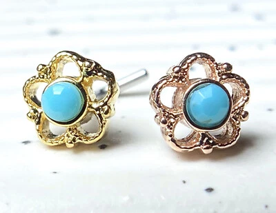 1pc Filigree Flower w/Turquoise Stone Center 20g L-Bend Nose Ring Stud Screw - Image 1 of 4