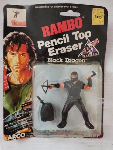 Rambo Pencil Top Eraser BLACK DRAGON Arco 1986 New old stock in package Cover