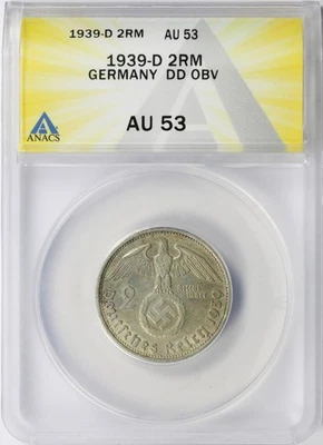 1939-D Alemania Plata 2 Reichsmark DDO ANACS AU53 Tercer Reich Foto 1 de 4