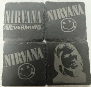 Posavasos de pizarra Nirvana grabados con láser - Kurt Cobain - Juego de 4 - Gran regalo para ventilador - Imagen 1 de 6