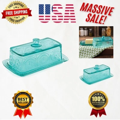 Элегантный набор блюд для масла из бирюзового стекла с крышкой — винтажный и функциональный 7,5 дюйма - Изображение 1 из 4