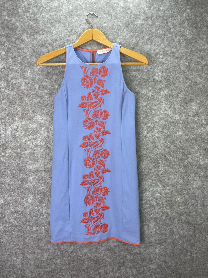 Vestido Tory Burch Mujer Pequeño Azul Naranja Bordado Cambio Sin Mangas Cremallera Trasera Foto 1 de 4
