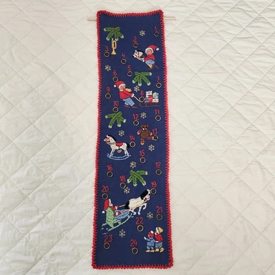 Danish Embroidered Christmas Advent Calendar Long Wall Hanging 32x9 inches Blue - Image 1 of 4