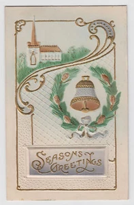 Seasons Greetings Embossed Church Bell Wreath Postcard - Picture 1 of 2