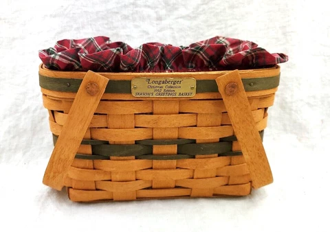 Vintage Longaberger 1992 Handwoven Seasons Greetings Basket Plaid Liner Cover