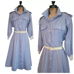 Gr. M/L 10/12 Vintage 80er Hemdblusenkleid blau weiß gestreift Gummibund - Bild 1 von 11