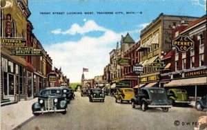 Traverse City MI Front Street Looking West Art Deco Card1940's Orsen W. Peck - Picture 1 of 1