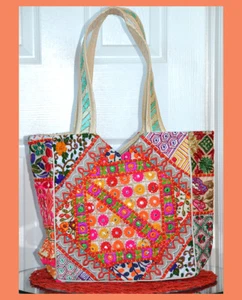 Schultertasche bunt Seide Blumenmotiv Spiegel bestickt beige creme - Bild 1 von 6