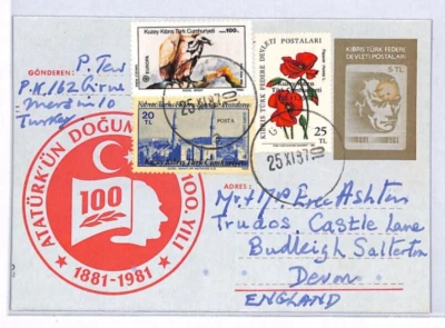Tarjeta de papelería mejorada NORTHERN CYPRUS TRNC Girne GB Devon Budleigh 1987 YW230 Foto 1 de 4