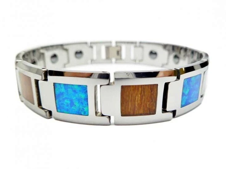 PULSERA DE CARBURO DE TUNGSTENO ÓPALO AZUL MADERA KOA HAWAIANO CON INCRUSTACIONES GENUINAS 14 MM 8 3/8" Foto 1 de 3