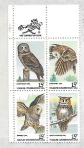 #1760-63  15c American Owls BLOCK of 4 Stamps plus MR. ZIP - mint never 1978 MNH - Picture 1 of 1