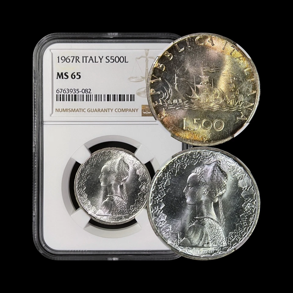 ITALY. 1967, 500 Lire, Silver - NGC MS65 - Nina, Pinta, Santa Maria Ship 🌈 Tone - Image 1 of 4
