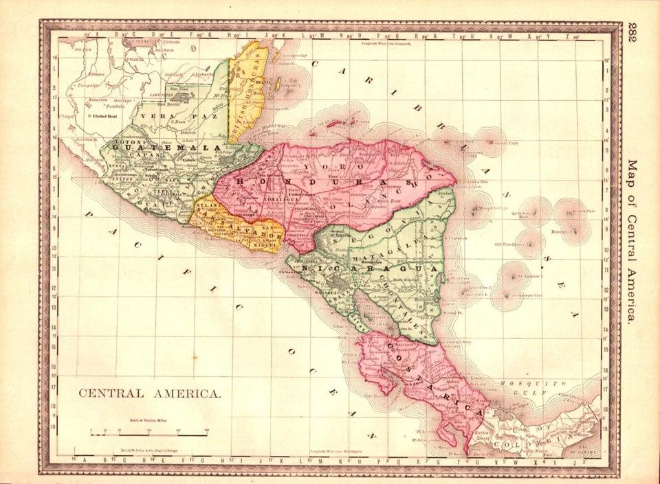 Mapa antiguo "CENTROAMÉRICA" GUATEMALA, NICARAGUA, COSTA RICA, HONDURAS 1883 Foto 1 de 1