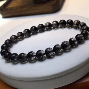 7 mm Natürlicher Riegel Schwarzes Haar Rutilierter Kristall Runde Perlen Kugel Armband - Bild 1 von 9