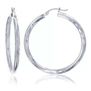 3mm X 35mm 1 3/8" Shiny Diamond Cut Round Hoop Earrings Real 14K White Gold - Picture 1 of 2
