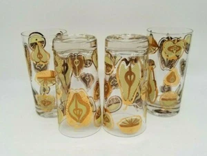 Set of 4 Vintage MCM Pears Apples Oranges High Ball Glasses Tumblers 22K Gold - Picture 1 of 6