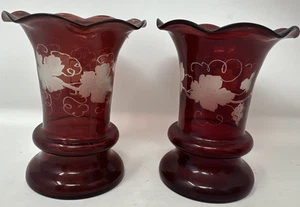 VINTAGE RUBY RED HAND BLOWN BOHEMIAN GLASS POSY VASES - GOLD ETCHED - Picture 1 of 10