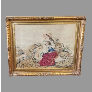 Antique Victorian Ornate Gilt Framed Scenic Landscape Needlework w People - Picture 1 of 7