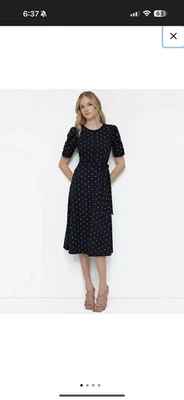 DKNY navy blue polka dot midi short sleeve stretchy dress 6 NWT - Image 1 of 4