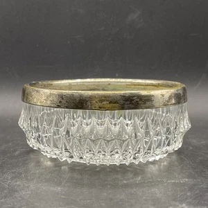 Heavy Cut Glass Bowl Silver Plate Rim 4" Wide - Picture 1 of 10