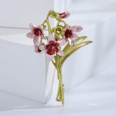 Broche de ramo de flores rosa esmaltado vintage prendedor dorado joyería de regalo de verano Foto 1 de 4