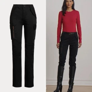 Lauren Ralph Lauren Sateen Cargo Pants Womens 10 Black Pocket Button Zip Closure - Picture 1 of 11