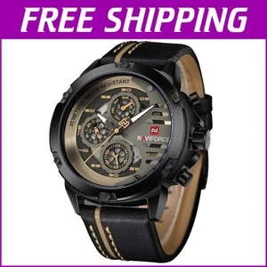 Men's Analog Quartz Watch - Waterproof Leather Band, Big Face & Luminous Dial - Picture 1 of 9